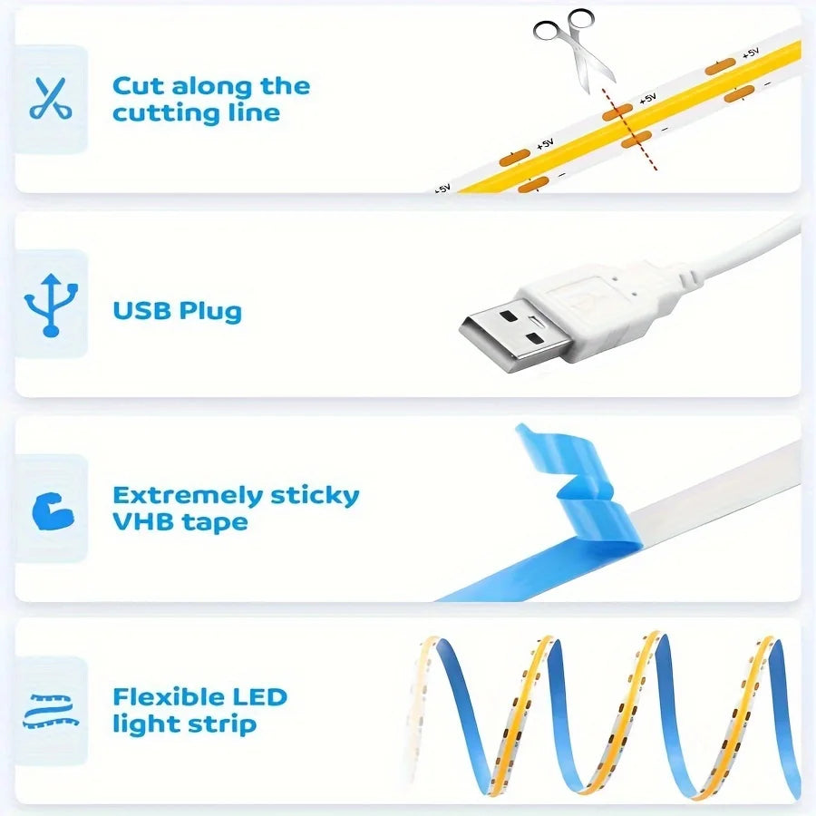 Tira de luces LED COB, atenuador táctil, cinta de diodo Flexible, 5V, USB, iluminación interior lineal, lámpara para habitación, bricolaje, TV, espejo, retroiluminación, decoración de pared