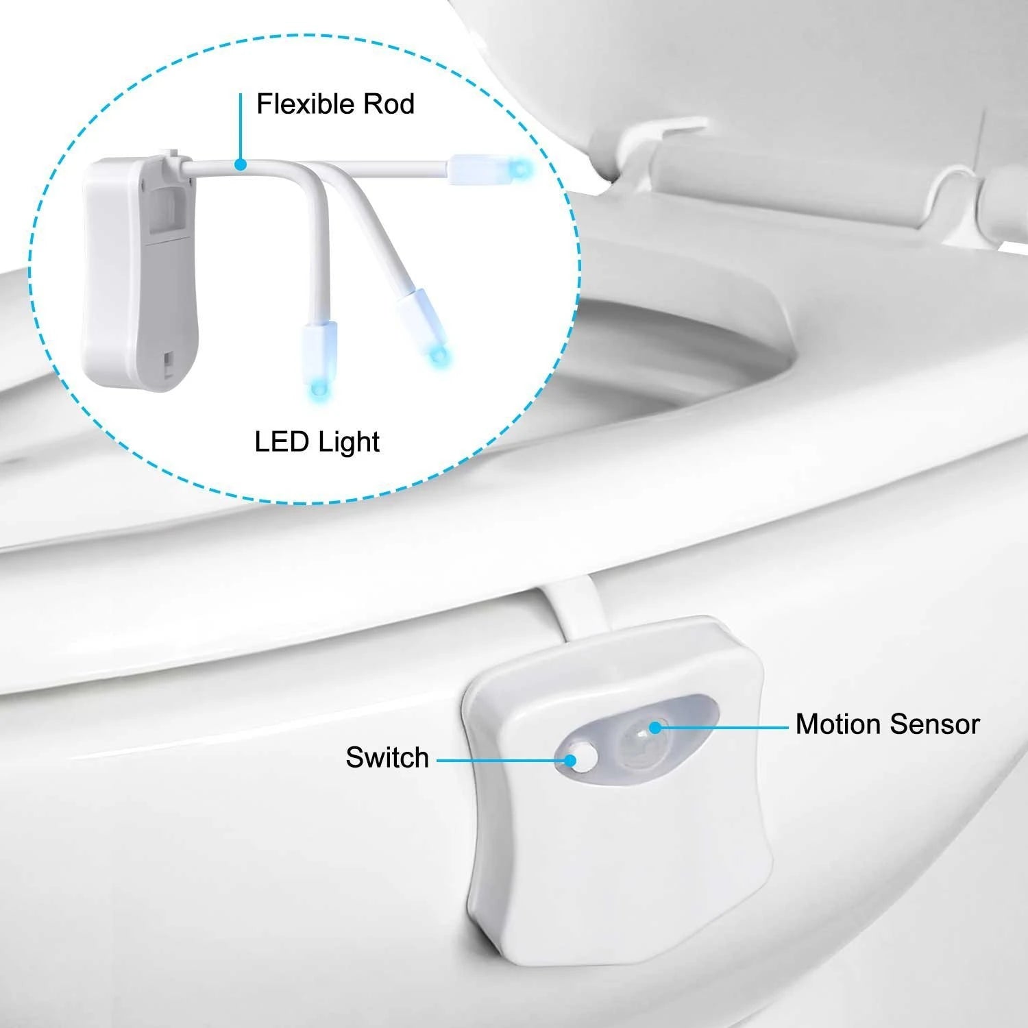 Luz nocturna para inodoro con Sensor de movimiento automático, 16 colores, luz para asiento de inodoro, lámpara de baño impermeable con pilas