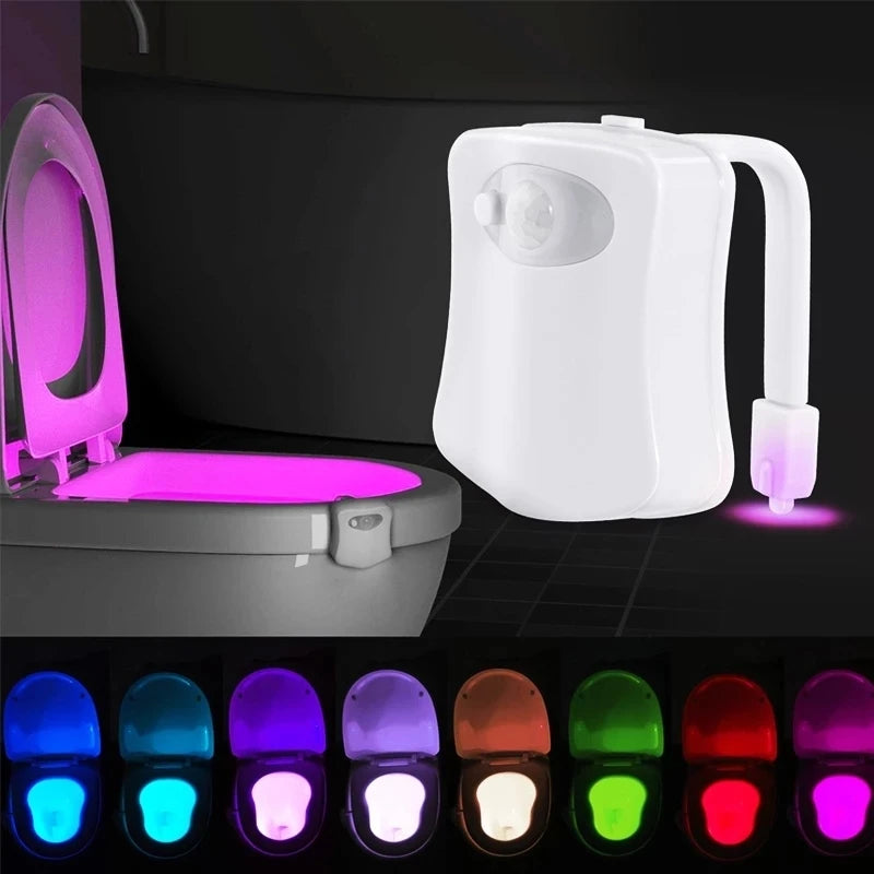 Luz nocturna para inodoro con Sensor de movimiento automático, 16 colores, luz para asiento de inodoro, lámpara de baño impermeable con pilas