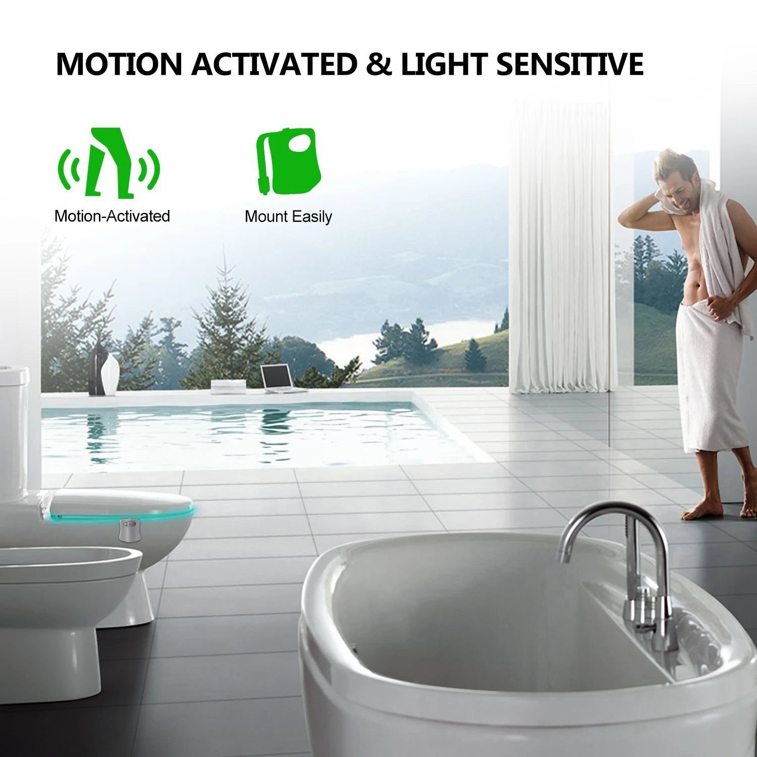 Luz nocturna para inodoro con Sensor de movimiento automático, 16 colores, luz para asiento de inodoro, lámpara de baño impermeable con pilas