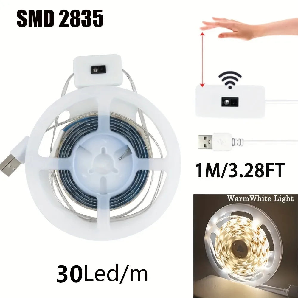 Tira de luces LED con detección manual, Sensor de encendido y apagado de movimiento, 5V, USB, 30LED/M, cinta de luces de diodo para decoración de armario, iluminación de cocina