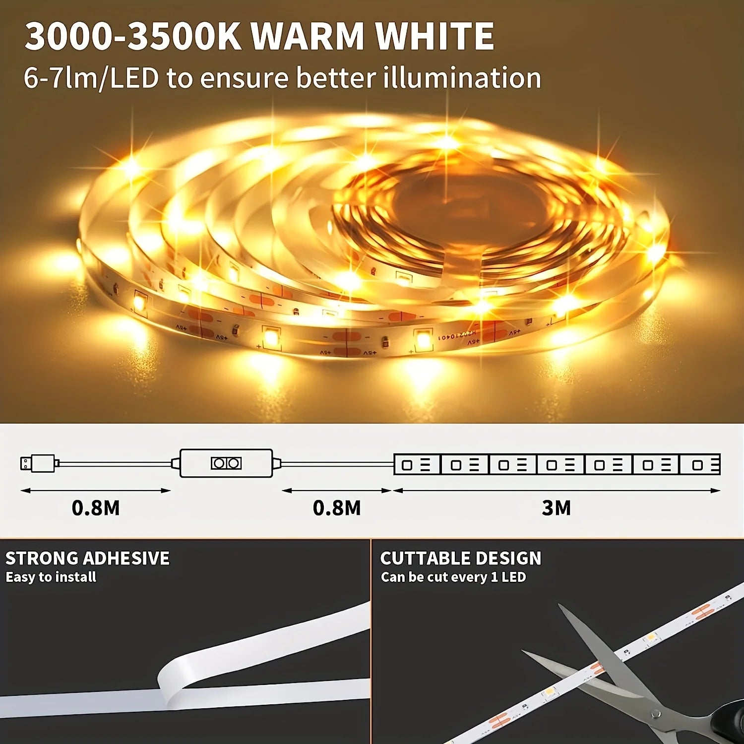 Tira de luces LED con detección manual, Sensor de encendido y apagado de movimiento, 5V, USB, 30LED/M, cinta de luces de diodo para decoración de armario, iluminación de cocina
