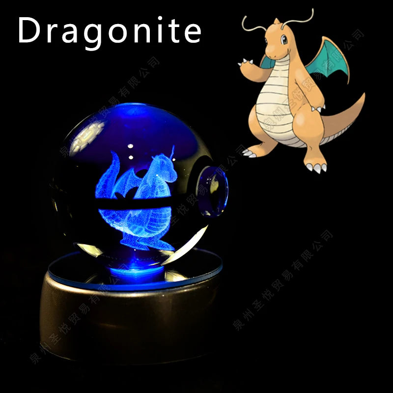 Bola de cristal de Pokémon 3D Pikachu Gengar Mewtwo, lámpara de luz nocturna, estatua de bola de cristal de Pokémon de cristal 3D de Pokeball, regalo de cumpleaños para niños