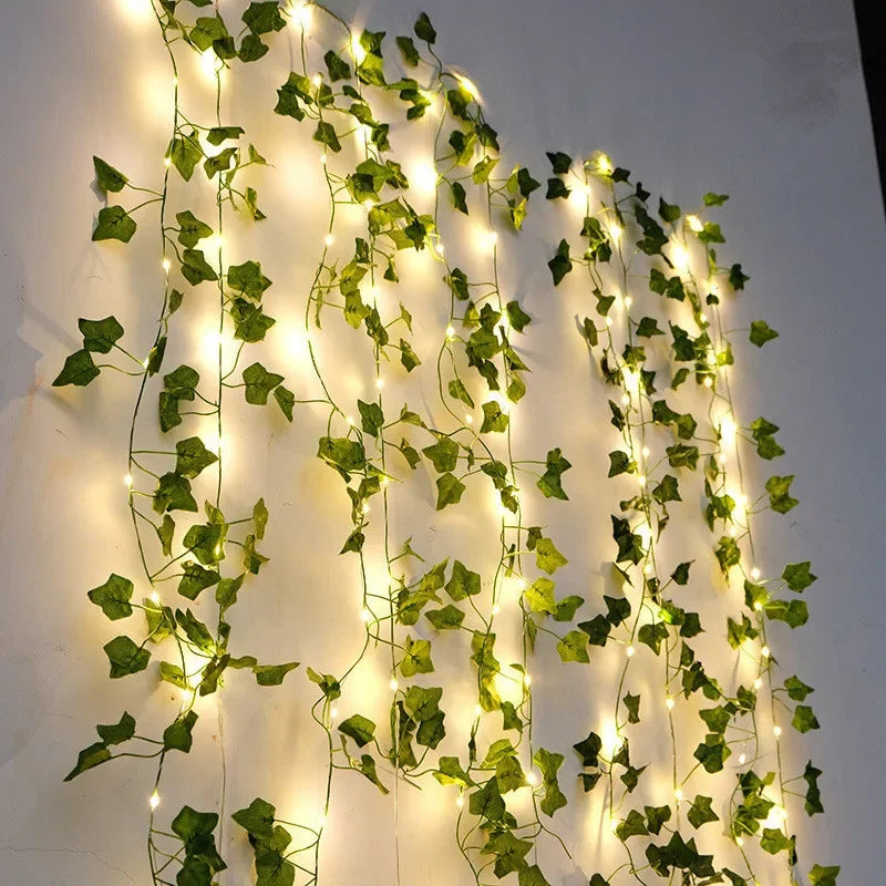 Guirnalda de luces para decoración del hogar, guirnalda de luces con batería para árbol de Navidad, vid Artificial, hojas verdes y flores