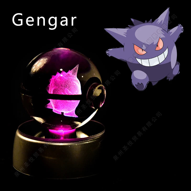 Bola de cristal de Pokémon 3D Pikachu Gengar Mewtwo, lámpara de luz nocturna, estatua de bola de cristal de Pokémon de cristal 3D de Pokeball, regalo de cumpleaños para niños