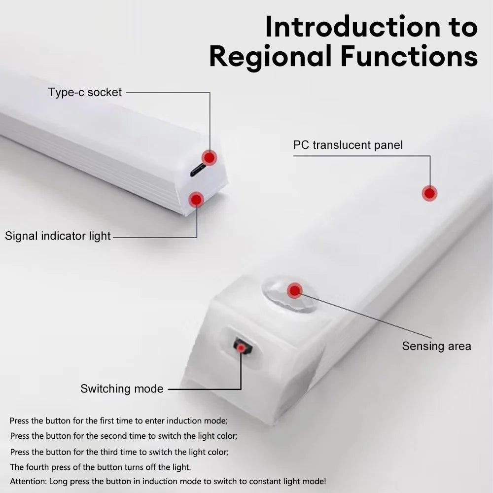 Luz LED con Sensor de movimiento, luz nocturna LED inalámbrica tipo C, luz recargable para armario, lámpara de armario, retroiluminación de escalera para cocina