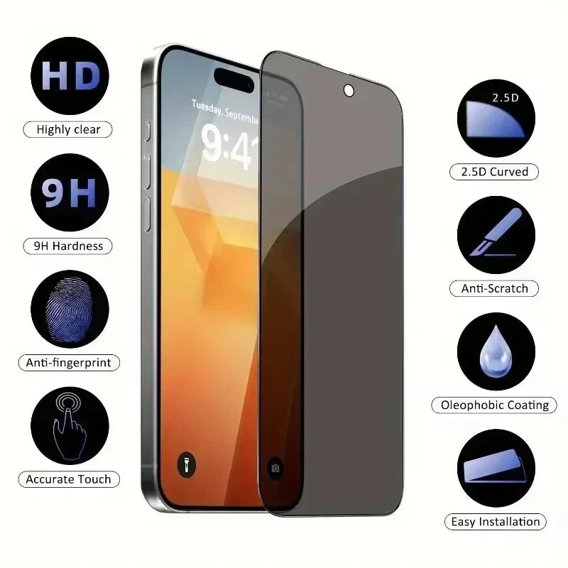 Protector de pantalla de privacidad de cubierta completa de 5 uds para iPhone 16 11 12 13 14 Pro Max Mini 8K vidrio antiespía para iPhone 15 PRO XR X XS MAX