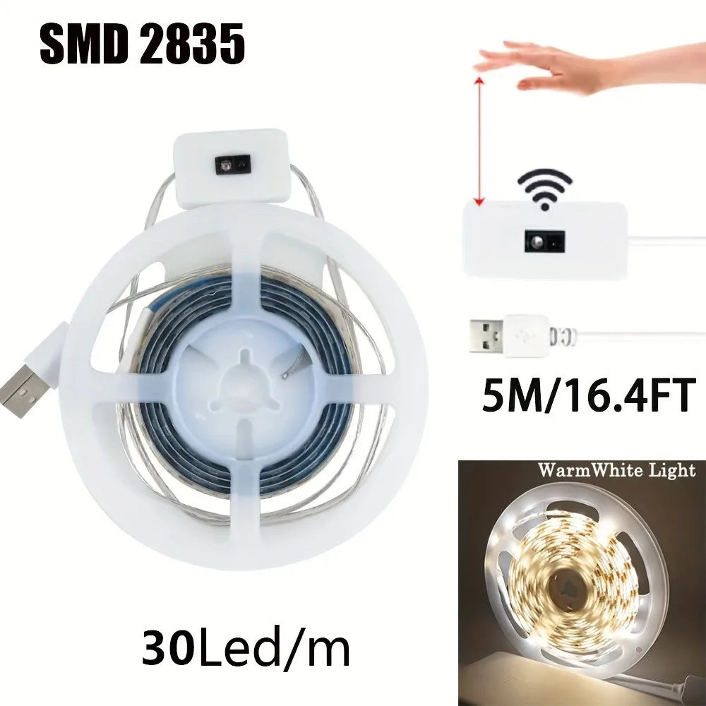 Tira de luces LED con detección manual, Sensor de encendido y apagado de movimiento, 5V, USB, 30LED/M, cinta de luces de diodo para decoración de armario, iluminación de cocina