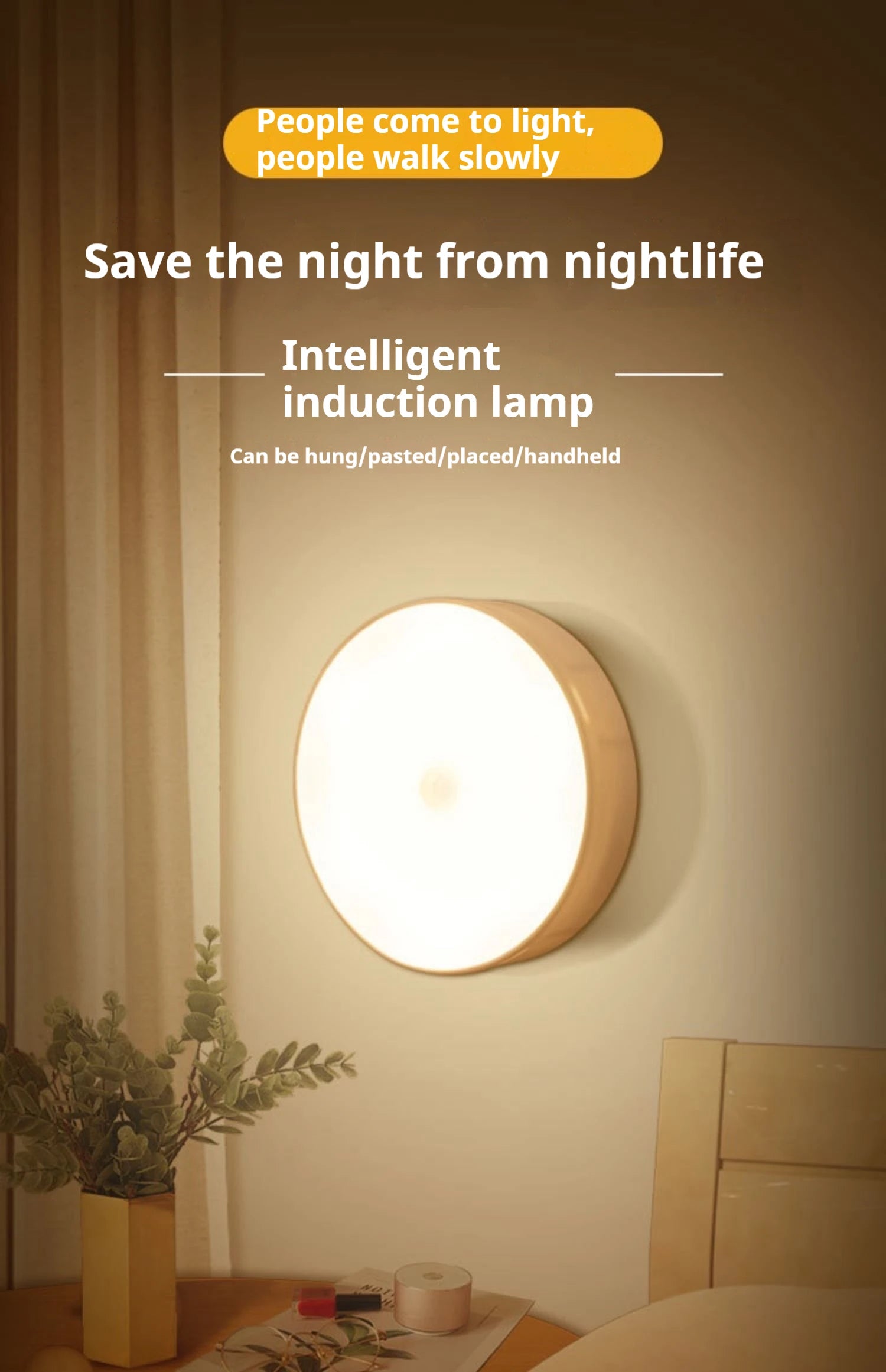 Luz nocturna con Sensor de movimiento, lámpara detectora LED inalámbrica para dormitorio, escalera, armario y decoración de habitación, 1 unidad