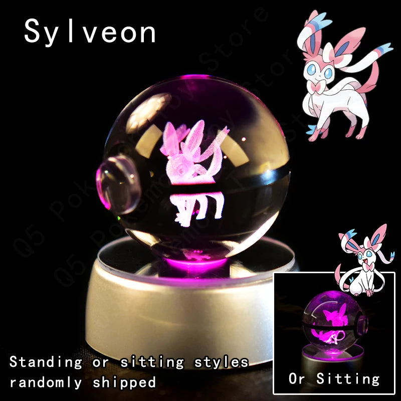 Bola de cristal de Pokémon 3D Pikachu Gengar Mewtwo, lámpara de luz nocturna, estatua de bola de cristal de Pokémon de cristal 3D de Pokeball, regalo de cumpleaños para niños