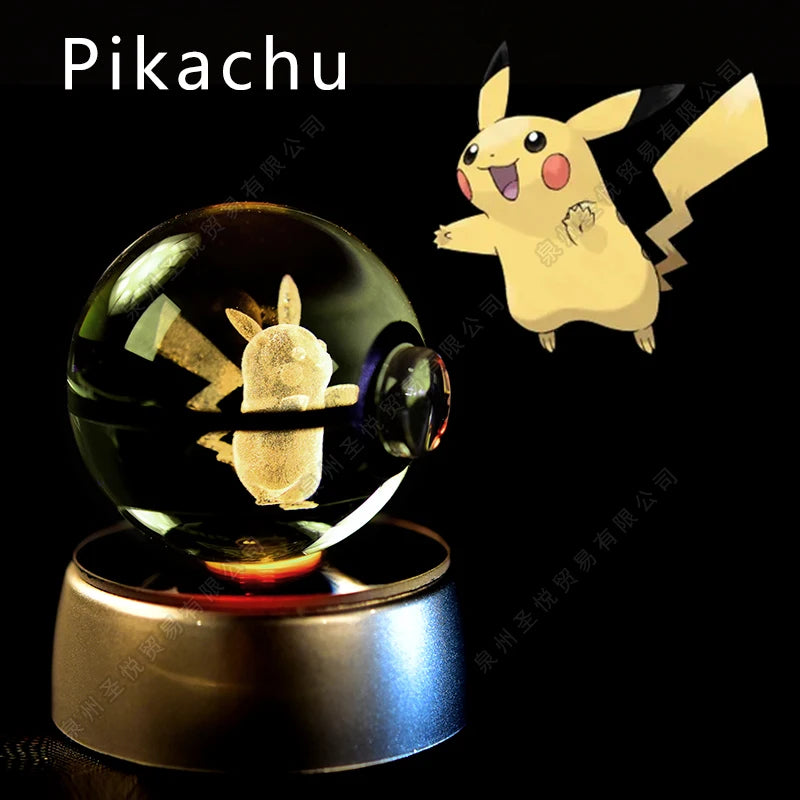 Bola de cristal de Pokémon 3D Pikachu Gengar Mewtwo, lámpara de luz nocturna, estatua de bola de cristal de Pokémon de cristal 3D de Pokeball, regalo de cumpleaños para niños