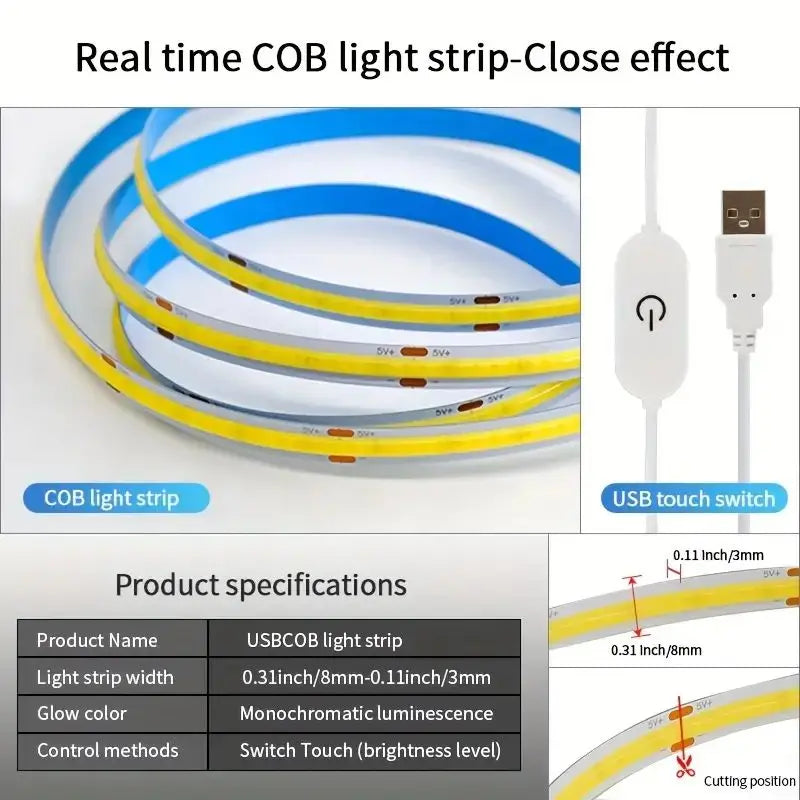 Tira de luces LED COB, atenuador táctil, cinta de diodo Flexible, 5V, USB, iluminación interior lineal, lámpara para habitación, bricolaje, TV, espejo, retroiluminación, decoración de pared