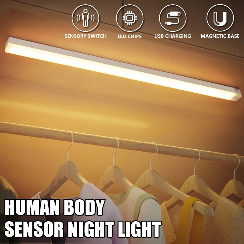 Luz LED con Sensor de movimiento, luz nocturna LED inalámbrica tipo C, luz recargable para armario, lámpara de armario, retroiluminación de escalera para cocina