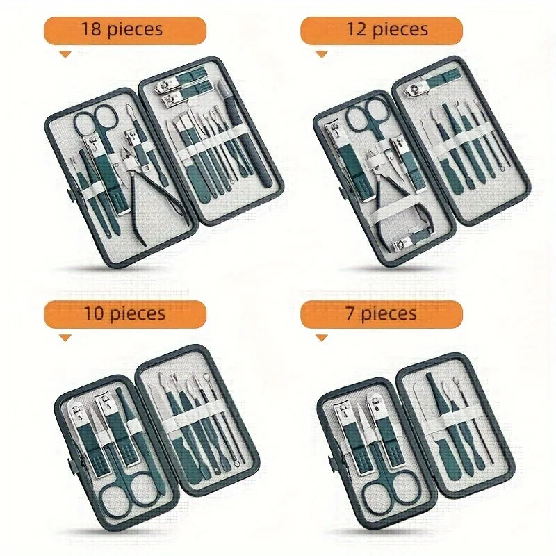 Kit profesional para el cuidado de las uñas, juego de manicura y pedicura de acero inoxidable, cortaúñas con estuche de viaje, 7/10/12/18 piezas