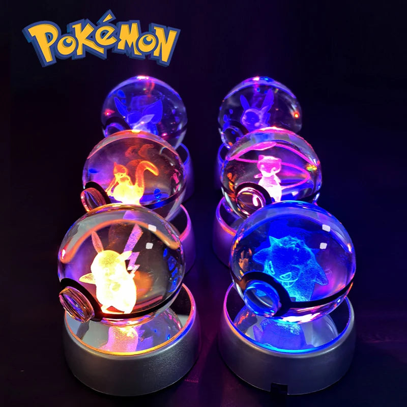 Bola de cristal de Pokémon 3D Pikachu Gengar Mewtwo, lámpara de luz nocturna, estatua de bola de cristal de Pokémon de cristal 3D de Pokeball, regalo de cumpleaños para niños