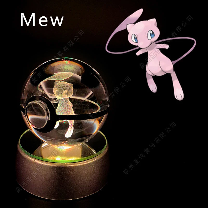Bola de cristal de Pokémon 3D Pikachu Gengar Mewtwo, lámpara de luz nocturna, estatua de bola de cristal de Pokémon de cristal 3D de Pokeball, regalo de cumpleaños para niños