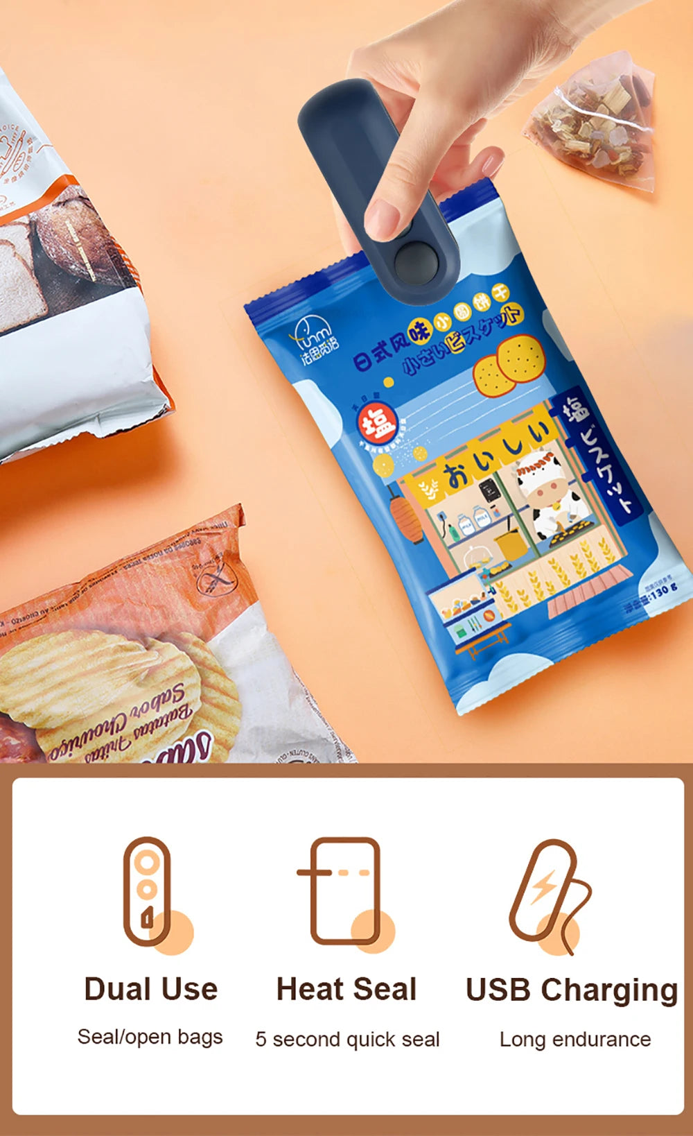 Mini máquina de sellado de bolsas de calor, sellador de paquetes de bolsas de plástico, sellador de bolsas de Clip, sellador de mano, embalaje de alimentos, sellador de calor