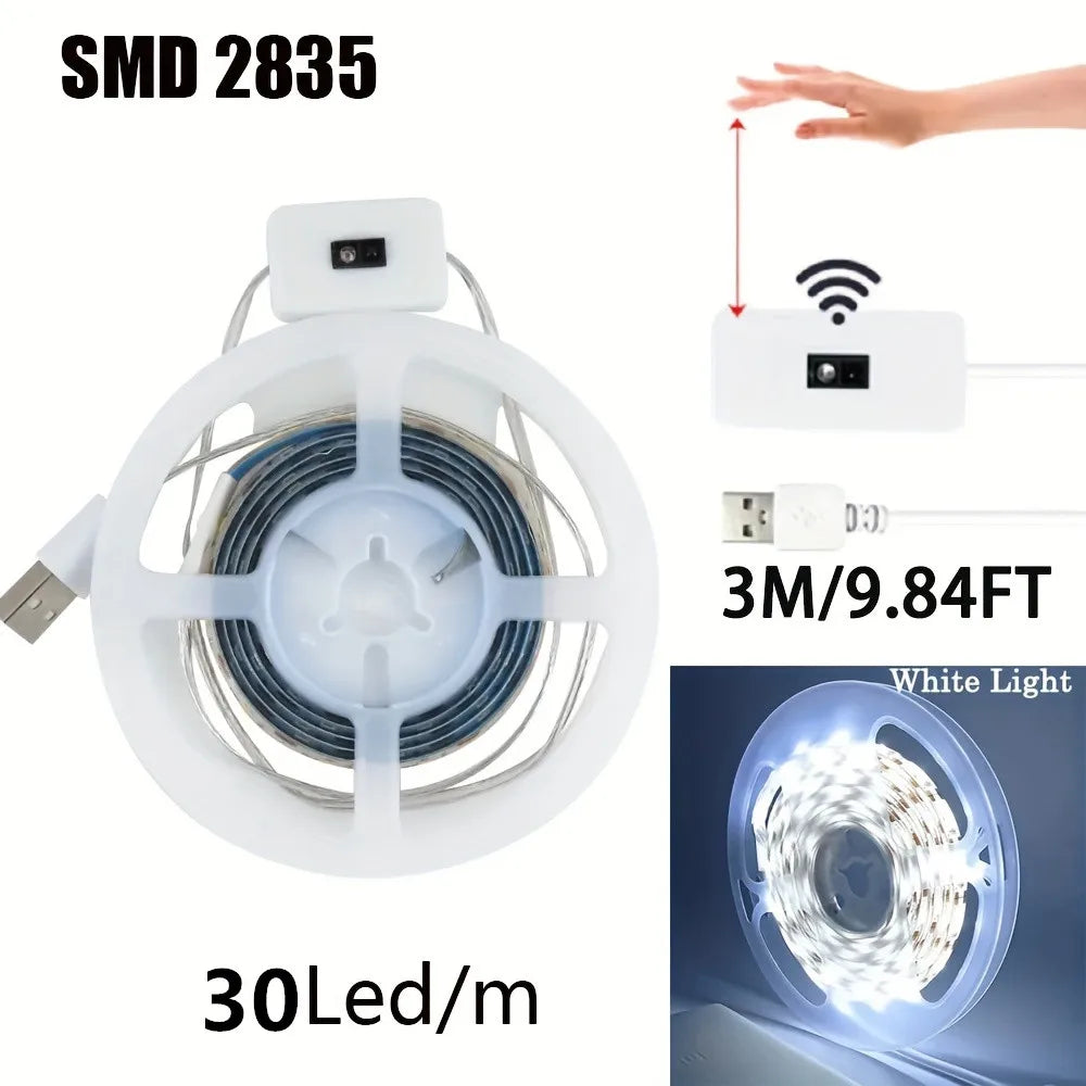Tira de luces LED con detección manual, Sensor de encendido y apagado de movimiento, 5V, USB, 30LED/M, cinta de luces de diodo para decoración de armario, iluminación de cocina