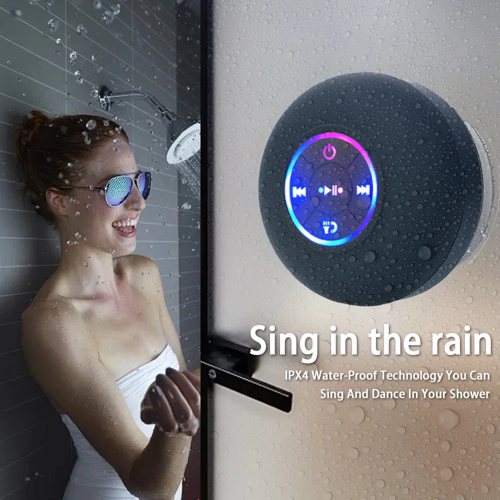 Altavoz Bluetooth inalámbrico portátil, altavoz LED IPX4, resistente al agua, con ventosa grande, Mini caja de sonido estéreo para baño y exteriores