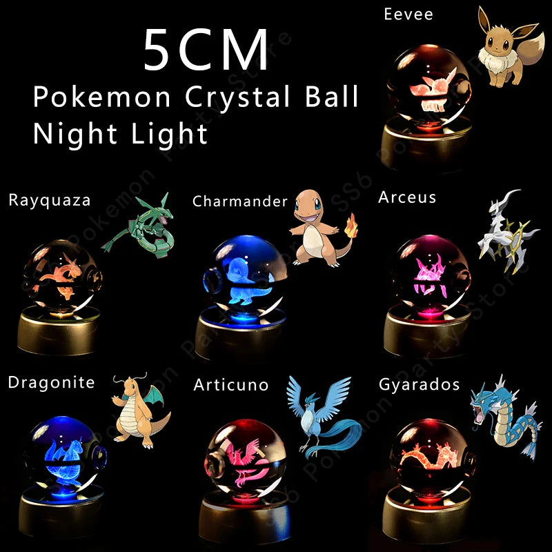 Bola de cristal de Pokémon 3D Pikachu Gengar Mewtwo, lámpara de luz nocturna, estatua de bola de cristal de Pokémon de cristal 3D de Pokeball, regalo de cumpleaños para niños