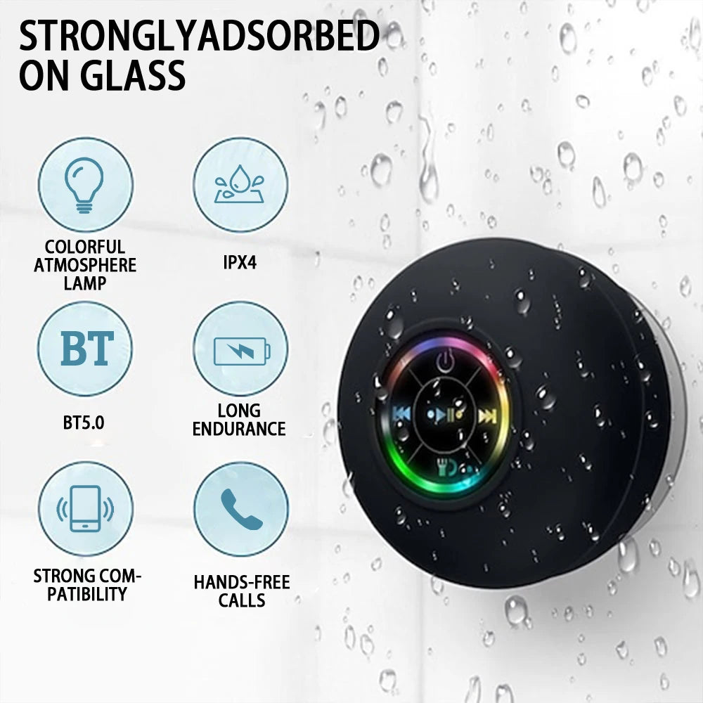 Altavoz Bluetooth inalámbrico portátil, altavoz LED IPX4, resistente al agua, con ventosa grande, Mini caja de sonido estéreo para baño y exteriores