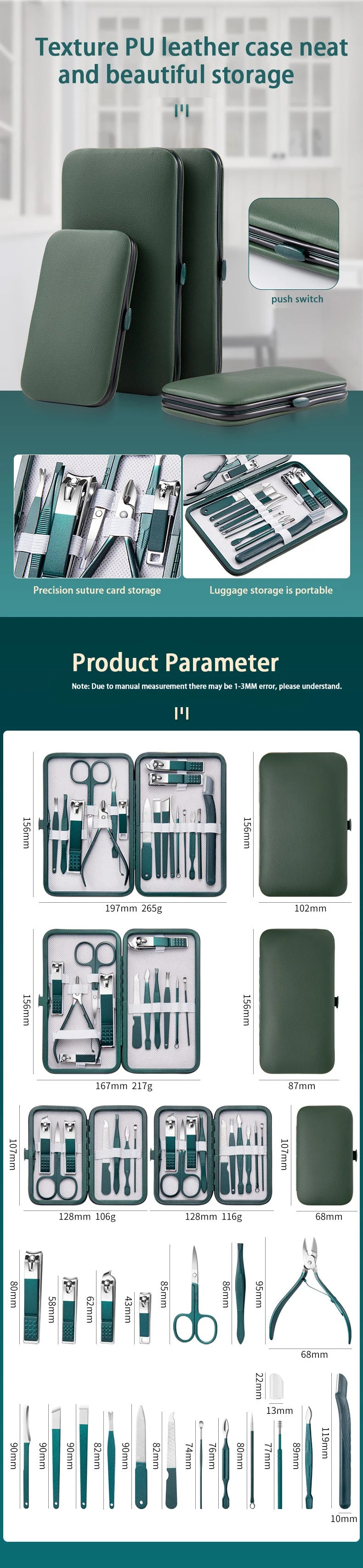 Kit profesional para el cuidado de las uñas, juego de manicura y pedicura de acero inoxidable, cortaúñas con estuche de viaje, 7/10/12/18 piezas