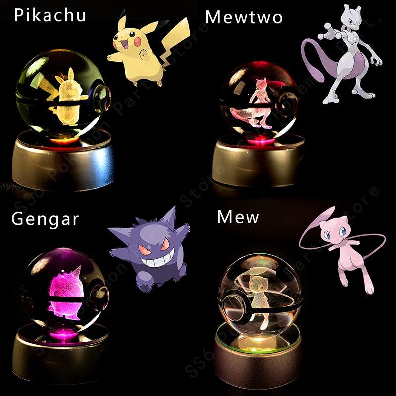 Bola de cristal de Pokémon 3D Pikachu Gengar Mewtwo, lámpara de luz nocturna, estatua de bola de cristal de Pokémon de cristal 3D de Pokeball, regalo de cumpleaños para niños