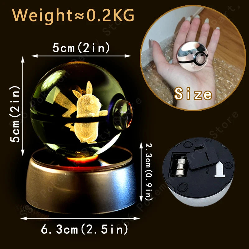 Bola de cristal de Pokémon 3D Pikachu Gengar Mewtwo, lámpara de luz nocturna, estatua de bola de cristal de Pokémon de cristal 3D de Pokeball, regalo de cumpleaños para niños