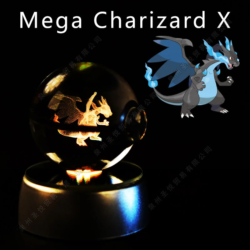 Bola de cristal de Pokémon 3D Pikachu Gengar Mewtwo, lámpara de luz nocturna, estatua de bola de cristal de Pokémon de cristal 3D de Pokeball, regalo de cumpleaños para niños
