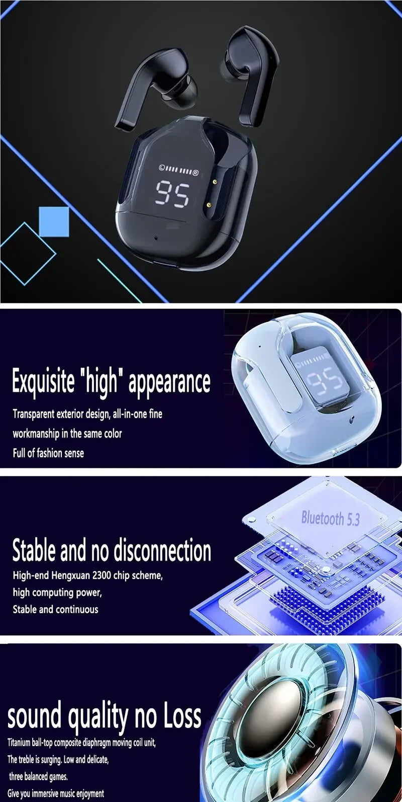 Auriculares inalámbricos T2 originales, cascos con Bluetooth, transparentes, HIFI, LED, pantalla Digital, sonido estéreo, para Xiaomi