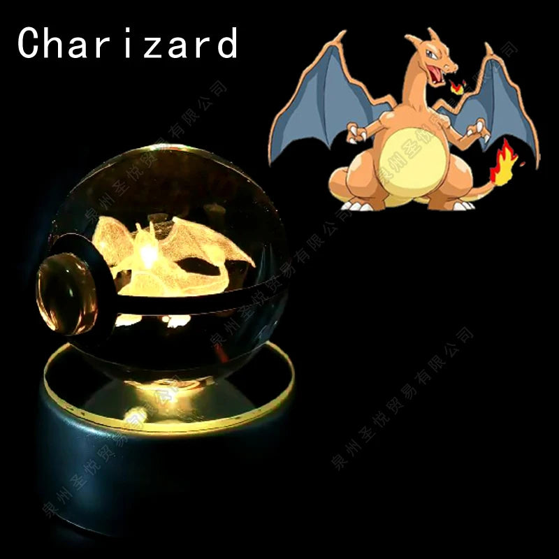 Bola de cristal de Pokémon 3D Pikachu Gengar Mewtwo, lámpara de luz nocturna, estatua de bola de cristal de Pokémon de cristal 3D de Pokeball, regalo de cumpleaños para niños