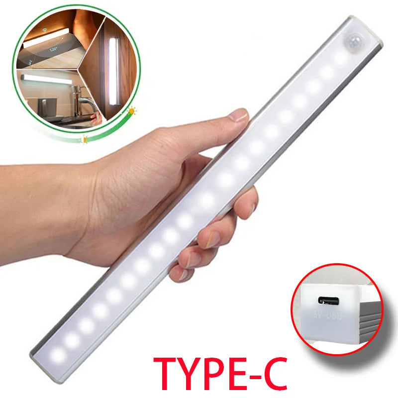 Luz LED con Sensor de movimiento, luz nocturna LED inalámbrica tipo C, luz recargable para armario, lámpara de armario, retroiluminación de escalera para cocina