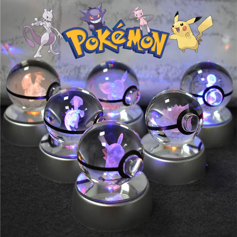 Bola de cristal de Pokémon 3D Pikachu Gengar Mewtwo, lámpara de luz nocturna, estatua de bola de cristal de Pokémon de cristal 3D de Pokeball, regalo de cumpleaños para niños