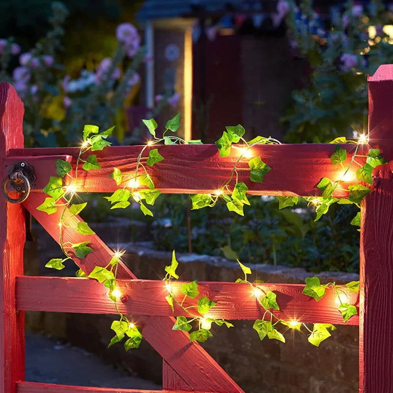Guirnalda de luces para decoración del hogar, guirnalda de luces con batería para árbol de Navidad, vid Artificial, hojas verdes y flores