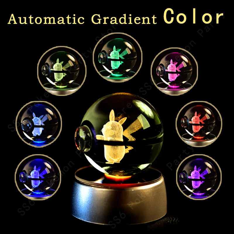 Bola de cristal de Pokémon 3D Pikachu Gengar Mewtwo, lámpara de luz nocturna, estatua de bola de cristal de Pokémon de cristal 3D de Pokeball, regalo de cumpleaños para niños