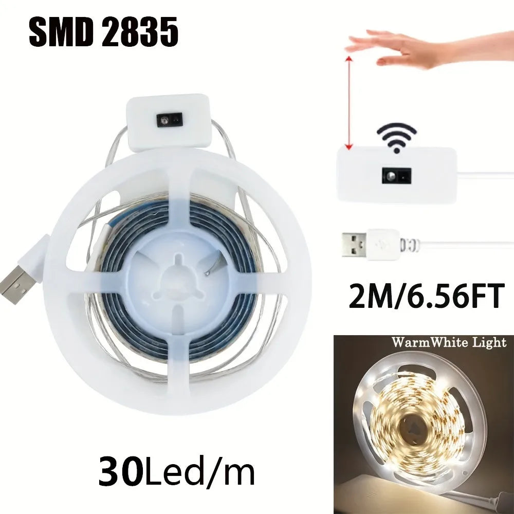 Tira de luces LED con detección manual, Sensor de encendido y apagado de movimiento, 5V, USB, 30LED/M, cinta de luces de diodo para decoración de armario, iluminación de cocina