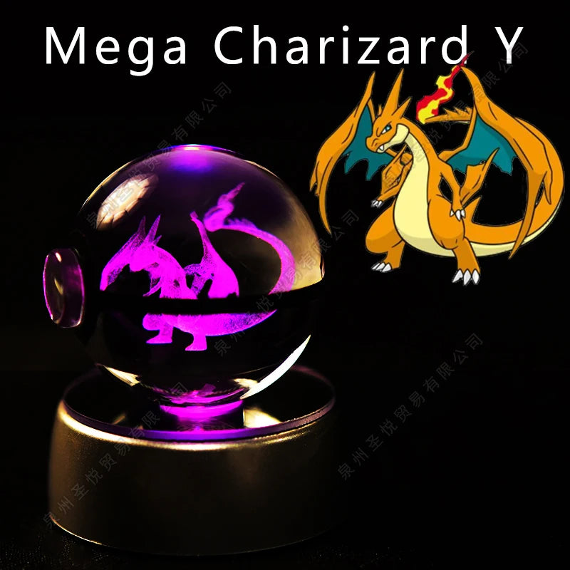 Bola de cristal de Pokémon 3D Pikachu Gengar Mewtwo, lámpara de luz nocturna, estatua de bola de cristal de Pokémon de cristal 3D de Pokeball, regalo de cumpleaños para niños
