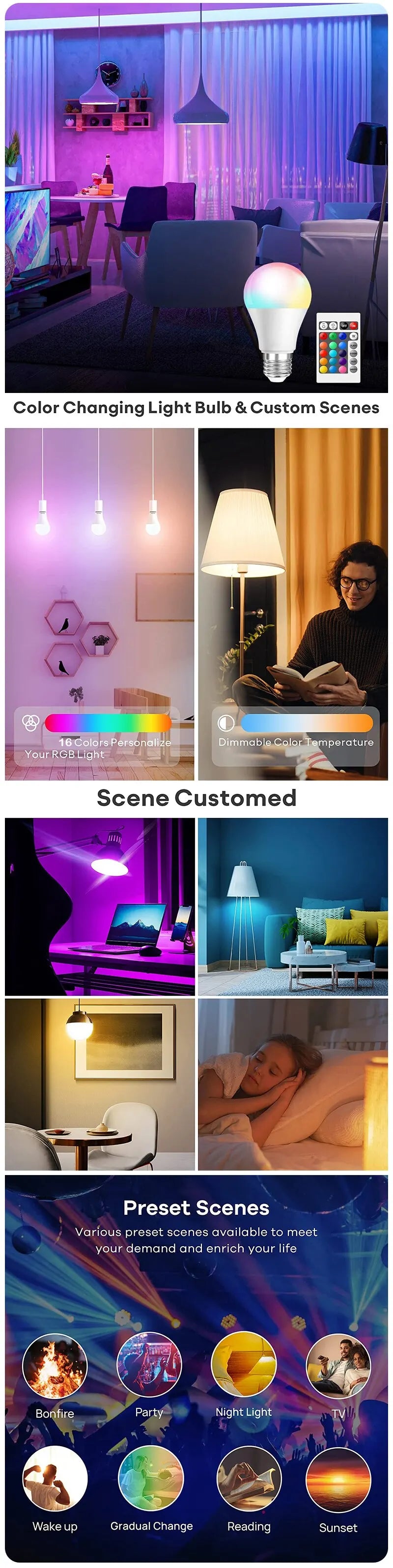 Bombilla LED RGB de 16 colores, Bombilla Multicolor E27 220V, iluminación del hogar regulable, 24 teclas, Control remoto, lámpara inteligente, luz de ambiente